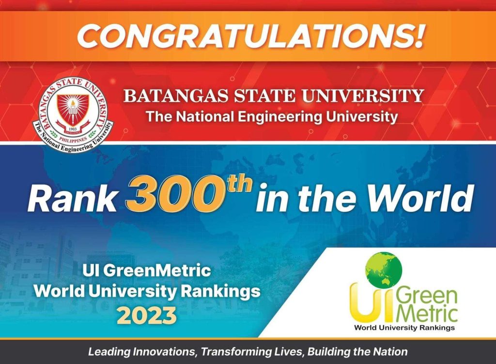 BatStateU ascends to rank 300th globally in the UI GreenMetric World University Ranking